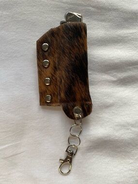 Men's Brown Hair-On Leather Keychain Lighter Holder